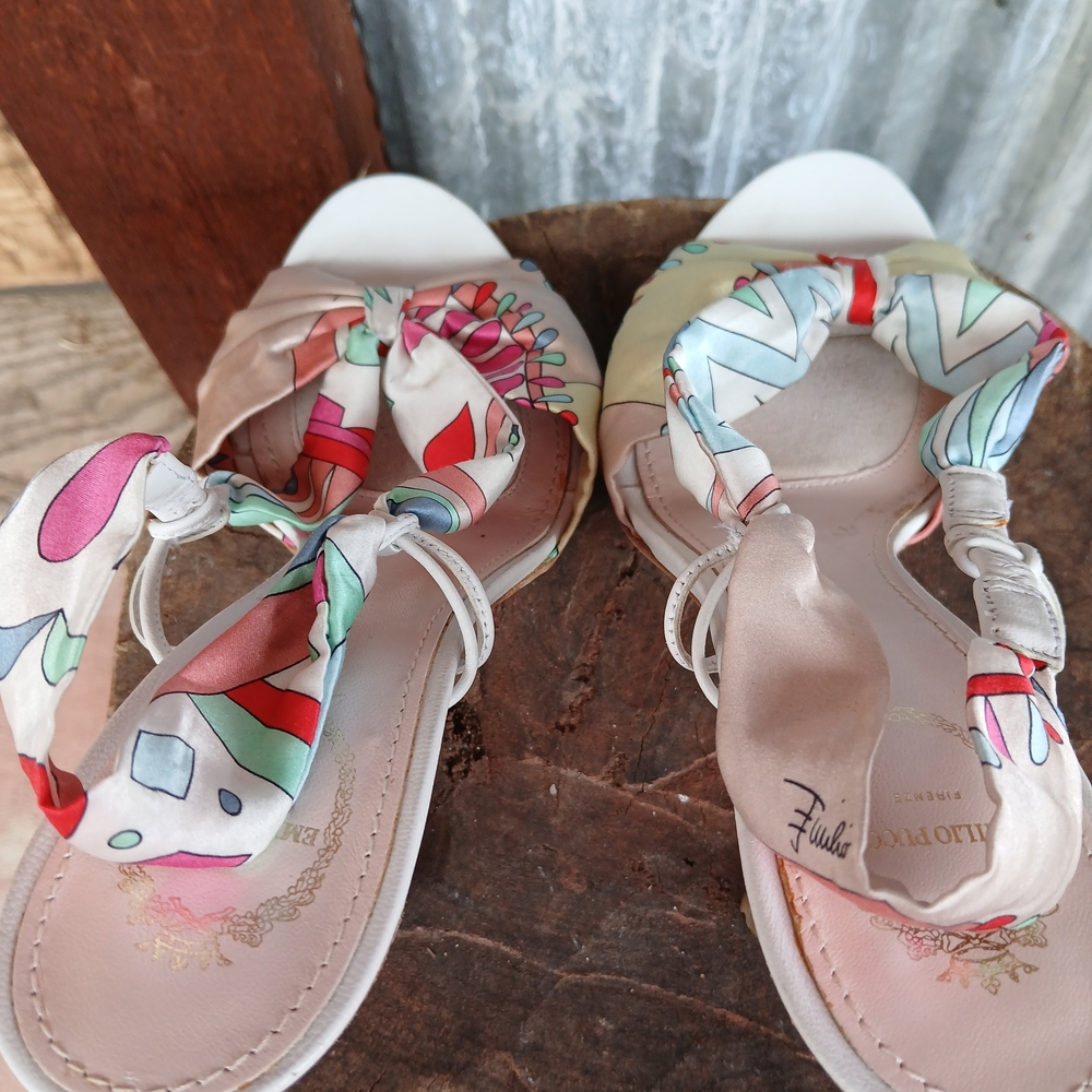 Emilio Pucci Colorful Patterned Heels SCARF BOW print Shoes 7.5 Womens Y2k - Picture 10 of 13